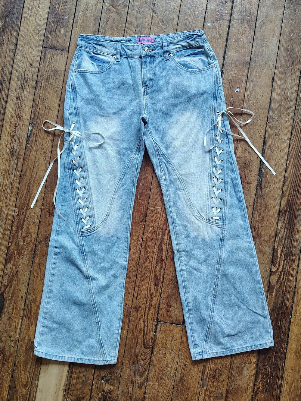 Y2k Ribbon Lace Up Women's Baggy Wide Leg Jeans Sz Medium NWT New Laced Denim